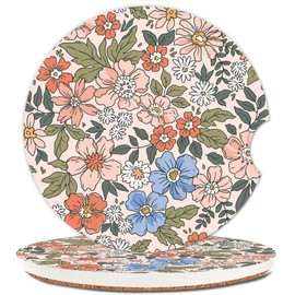 NUGGHU Absorbent Car Cupholder Coaster 2 Pack, Cute Car Coasters with a Finger Notch for Women & Men,2.56" Ceramic Stone & Non-Scratch Cork Base Drink Coasters (Cute Flowers&Grass)