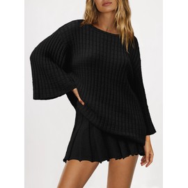 SENSERISE Womens Sweater Skirt Set 2 Piece Outfits Long Sleeve Pullover Top Ribbed Knit Lounge Dresses(Black,S)