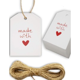 HOMETOOLS.EU® - 100 Kraft Paper, Cardboard, Gift Tags, Paper Tags, Paper Signs, Gift Labels, Cardboard Labels, 5.5 x 4 cm, with 10 m Jute Cord, Made with Love, Heart, White