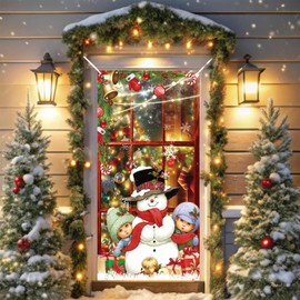 Christmas Door Cover, Red Merry Christmas Background Banner Door Covers Decorations with Cute Snowman, Xmas Backdrops Hanging Sign for Exterior Interior Outdoor Home Christmas Winter Party Decoration