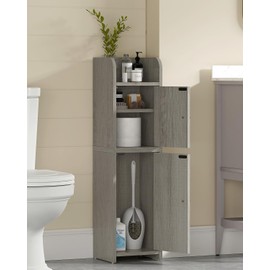 FIONESO Bathroom Cabinet, Corner Floor Storage Cabinet with Door, Narrow Bathroom Organizer and Paper Storage with Adjustable Shelves, for Small Spaces, White, Light Oak