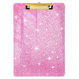 ElevateTech Acrylic Clipboards, 1Pcs Pink Clipboard with Low Profile Gold Clip 9" x 12.5" Standard Letter Size Clipboard Fashion Glitter Clipboard Desk Office Supplies for Classroom School Office