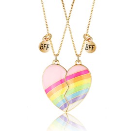 Best Friend Necklace Rainbow Heart Friendship Necklace, Matching Bff Necklace for 2 Girls | Magnetic Necklaces Teen Girl Gifts Kids Jewellery for Women Graduation Birthday Christmas Gifts, Gold