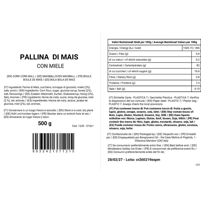 BONGIOVANNI FARINE E BONTA' NATURALI Pallina di Mais con Miele