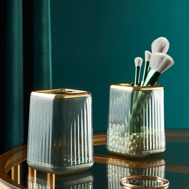 Makeup Brush Cup Holder Organizer for Vanity, Acrylic Vintage Green Make Up Brushes Holders Container Storage with Striped Design for Bathroom Countertop, Pen Pencil Holder Cosmetic Cup for Desk