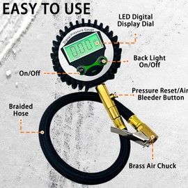 SUVCARMPING Digital Tire Pressure Gauge (Pressure Range 0-250psi) Accurate to 1PSI 2.5" Digital Display Dial Equipped with Valve Nozzle Plastic Cap, for Car, SUV, Truck & Motorcycle, White