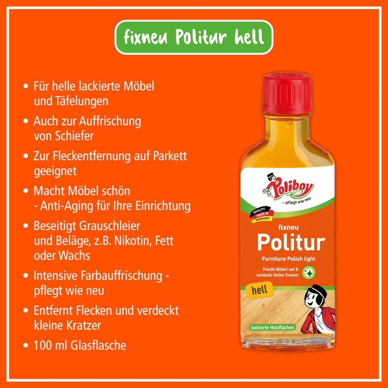 POLIBOY fixneu Politur hell - Möbelpolitur für helle lackierte Hölzer