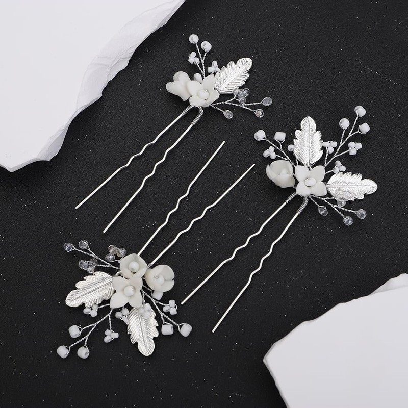 Denifery 3 Pieces Silver Flower Bride Wedding Hair Pins Leaf