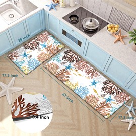 Kitchen Mats for Floor Cushioned Anti Fatigue Sets of 2 Coastal Kitchen Rugs Non Slip Waterproof Nautical Foam Kitchen Floor Rug Beach Theme Coral Fish Comfort Standing Mat for Sink Laundry, Red