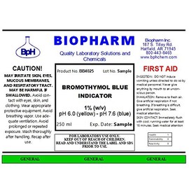Bromothymol Blue Indicator 1% (w/v) Aqueous Solution — 250 mL (8.4 fl oz) — Includes a 50 mL Empty Dropper Bottle and Dispensing Cap — pH 6.0 (Yellow) - pH 7.6 (Blue)