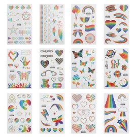 Rainbow Temporary Tattoos, Waterproof Glitter Temporary Stickers for Kids and Adults 130+ Unique Designs Pride Tattoos for Birthday Parties, Pride Parades, And Celebrations（12 Sheets）