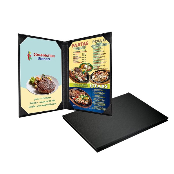 Restaurant Menu Covers Holders for 8.5 X 11 Inches, Double View Leather Menu Holder Covers, Black Leather Menu Covers for Wine List, Drinks, Cafes, Bar, Hotel(8.5" X 11"/2 View-Book Style/1 pcs)