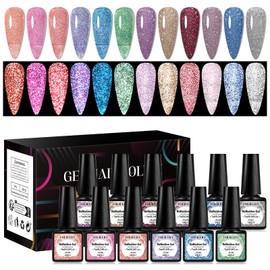 Four Lily Reflective Glitter Gel Polish Set, 12 Colors Silver Pink Sparkly Glitter Shimmery Gel Polish Shiny Disco Soak Off Gel Nail Polish Nail Art Manicure Salon DIY at Home Gifts for Women Girls