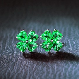 JiangXin Created Green Emerald 925 Sterling Silver Stud Earrings for Women May Birthstone Four-leaf-clover White Gold Plated Jewelry