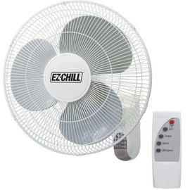 EZ-CHILL 16" Oscillating Wall Mount Fan with Remote Control, Timer, Auto Shut Off, Adjustable Tilt, Quiet, 3 Speed, Ideal for Home, Bedroom, Gym & Office, White
