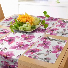 ABAKUHAUS Watercolor Table Runner & 4 Piece Placemats, Blooming Orchid Branches Spring Time Feng Shui Inspired Bouquet Table Decoration Set, 180 x 40 cm, Light Orange Fuchsia Cocoa