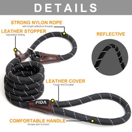 Fida Durable Slip Lead Dog Leash, 6 FT x 1/2" Heavy Duty Comfortable Strong Rope Leash for Large, Medium Dogs, No Pull Pet Training Leash with Highly Reflective, Black
