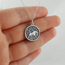 Sterling Silver Zodiac Sign Charm Necklace, Star Constellation 18" Cable Chain All 12 Signs Available (Taurus - Trustworthy)