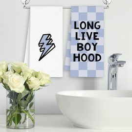 Dimurela Blue Long Live Boyhood Kitchen Towels Set of 2, Checkered Hand Towels Decor for Bathroom Playroom, Nursery Dish Towel, Trendy Tea Bar Waffle Towel for Dorm Toddler Boys Teens Home 16x24in