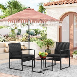 Greesum 3 Piece Wicker Conversation Bistro Sets Outdoor Patio Set Modern Rattan Chair Furniture Sets with Coffee Table for Yard Garden Porch Lawn (Black)