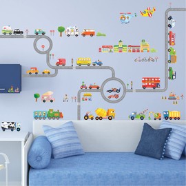 DECOWALL BS-1404P1405 The Road and Transports Kids Wall Stickers Decals Peel and Stick Removable for Nursery Bedroom Living Room Art murals Decorations
