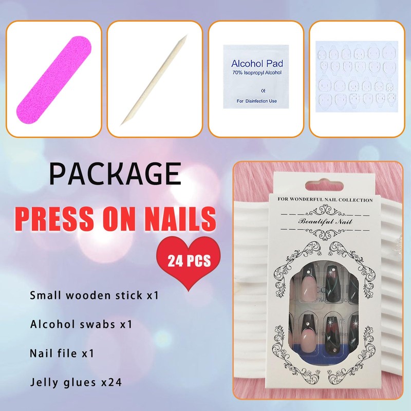 Black Press on Nails Medium French Tip Fake Nails with