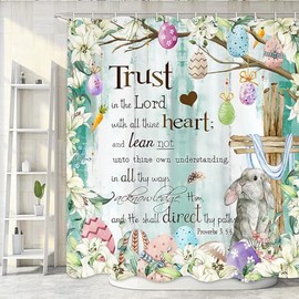 NYMB Funny Easter Shower Curtain, Farmhouse Cute Rabbit Inspirational Quotes Trust in The Lord Rustic Wooden Board Farmhouse Bathroom Curtain, Spring Green Bathroom Accessories, 71X71in