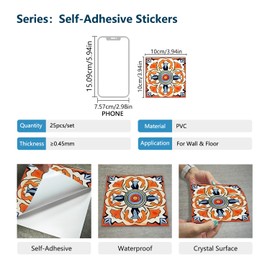25 PCS Moroccan Tile Stickers - 4x4 Inch (10x10 cm) Waterproof & Oil-Proof Removable Decals for DIY Bathroom & Kitchen Backsplash Mural Decoration(TS-006)