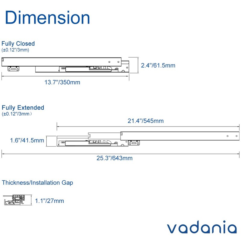 VADANIA 14" Undermount Drawer Slide, Push to Open, Bottom Mounted