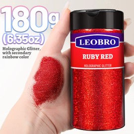 LEOBRO 180G/6.35OZ Holographic Ultra Fine Glitter, 1/128" Resin Glitter Powder Sequins Flakes, Hair Face Body Nail Glitter, Metallic Iridescent Glitter for Resin Tumblers Art Crafts, Red Glitter