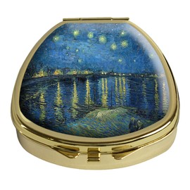 Gixpop Pill Box Starry Night on The Rhone River Van Gogh Pill Case Pocket Purse Portable Travel Tablet Holder Organizer Glass Cover Decorative Fan Shap