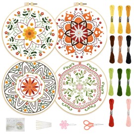 FREEBLOSS 4 Set 8'' Embroidery Kit for Beginners Mandala Pattern Embroidery Kit with Instructions Full Kit of Embroidery Cloth 2 Embroidery Hoops 11 Colors Flosses