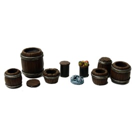 War World Gaming Fantasy Village Set von Fässer - 28mm Fantasie Tabletop Gelände Modell Diorama Modellbau Landschaft Gebäude Wargaming Geländebau Haus Mittelälter