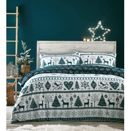 HOMEMAKER BEDDING Christmas Duvet Set Teal White Reindeer Stag Hearts Xmas Trees Festive Quilt Cover (Single)