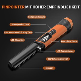 DR.ÖTEK Pinpointer Metal Detector, IP68 Waterproof, 360° Search Handheld Pin Pointer with LCD Screen, Holster, Innovative Interference Cancellation, Rubber Handle for Secure Grip, Non-Slip