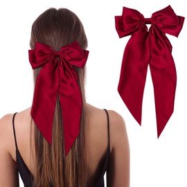 Red Silky Bow Hair Barrettes Jumbo Bow Clip with Tails Hair Clip for Woman Girls Satin Large Hair Slides French Barrette Long Tail Bowknot Hairpin,Clips