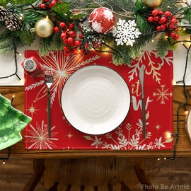 Artoid Mode Red Snowflake Let It Snow Winter Placemats for Dining Table, 12 x 18 Inch Seasonal Christmas Washable Table Mats Set of 4