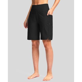 G Gradual Women's 9" Long Swim Board Shorts with Pockets High Waisted Knee Length Beach Swimming Shorts for Women with Liner(Black,XL)
