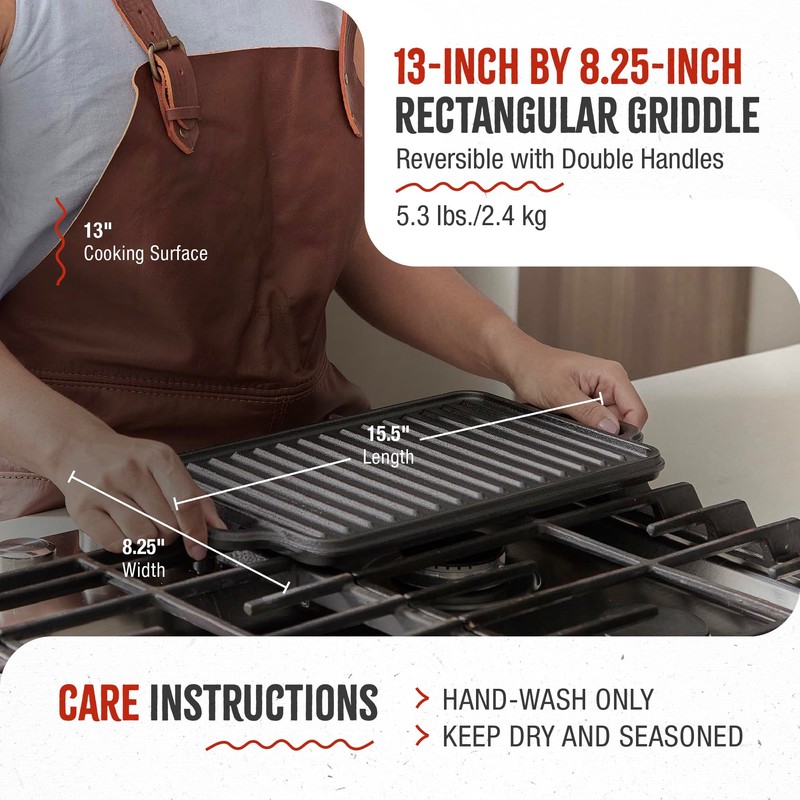 Victoria Rectangular Cast Iron Griddle. Double Burner Griddle, Reversible Griddle