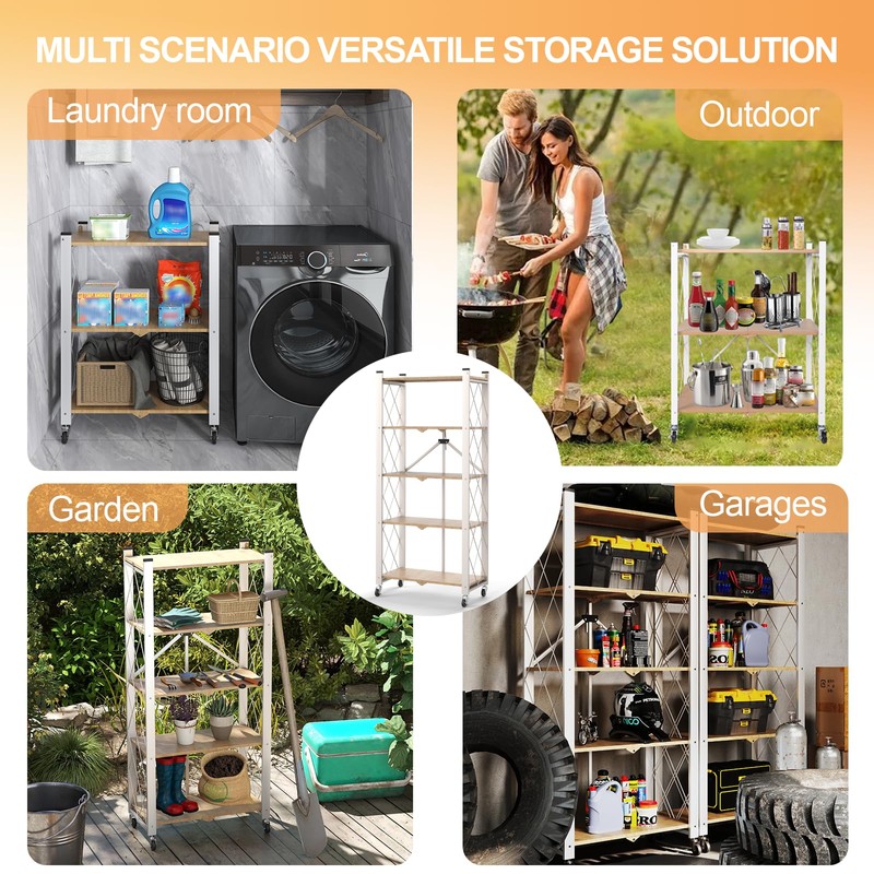 Yuanjimi 5-Tier Foldable Storage Shelves with Wheels, Folding Metal Shelf