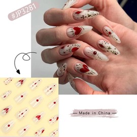 Star Press on Nails Medium Almond Fake Nails Love Heart Full Cover False Nails Red Sun Gold Spots Acrylic Nails Glue on Nails Glossy Full Cover Artificial Nails for Women Girls Manicure Decor 24Pcs