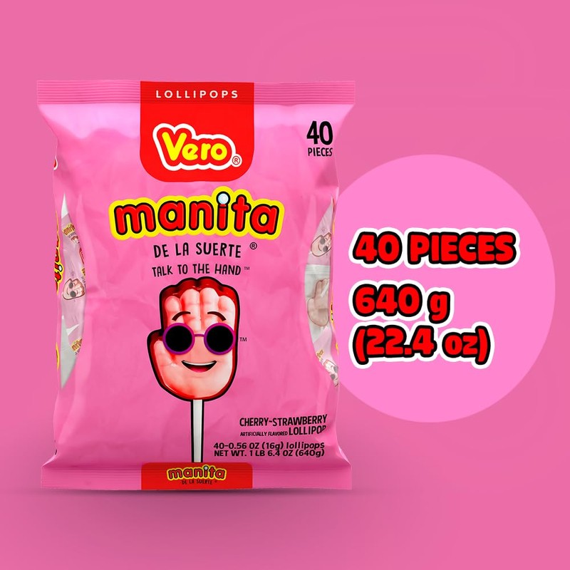 Vero Manita Paletas Strawberry & Cherry Flavored Lollipop (40 Count