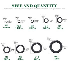Keadic 760Pcs Spring Lock Washer Assortment Kit Black Zinc Plated Alloy Steel, 9 Sizes - M2 M2.5 M3 M4 M5 M6 M8 M10 M12（Kit 10）