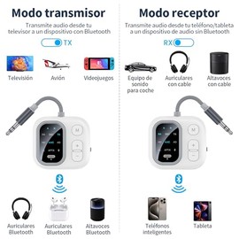 JESWO Adaptador Bluetooth 5.4 (2 en 1 Transmisor y Receptor), AUX 3.5mm con Pantalla HD y Micrófono, Inalámbrico para Auto, TV, PC, Auriculares y Altavoces