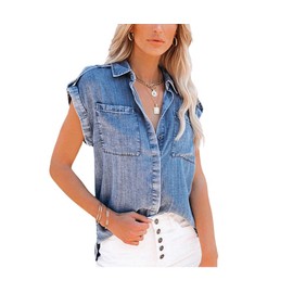 chouyatou Women's Casual Distressed Button Down Sleeveless Denim Jean Shirt Tops (Large, Blue)