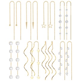 MILACOLATO 8 Pairs of Earrings Pull Through Threader Earrings Hanging for Women Threader Earrings 316L Stainless Steel Lightweight Double Twist Wave Chain Tassel Earrings Silver Gold Long Chain