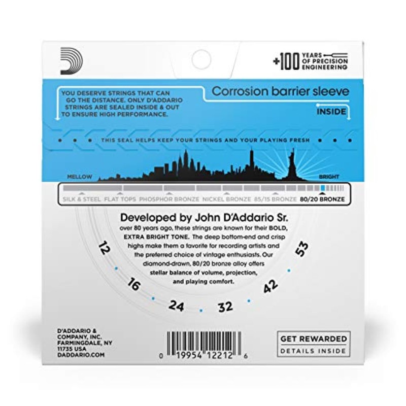 D'Addario Acoustic Guitar Strings, 80/20 Bronze, EJ11, Light Gauge 12-53,