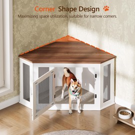MAHANCRIS Corner Dog Crate Furniture, Wooden Dog Kennel End Table, Decorative Pet Crate Indoor Use, Furniture Style Dog House for Small Medium Dog, Dog Cage TV Stand, White and Walnut DCBA0801