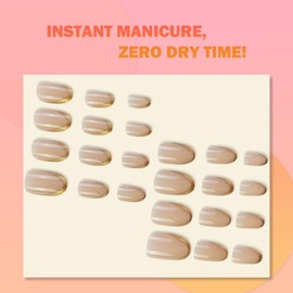 24PCS Press On Nails - Short Almond Shape False Nails - Nude With Gold Edge French Tip Elegant Reusable Full Cover Stick On For Women Glossy Fake Set With Art Design