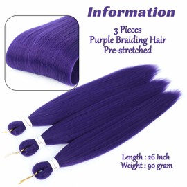 Royota Purple Braiding Hair Pre stretched Easy Colored Prestretched Yaki Synthetic Braiding Hair Extensions for Box Crochet Braid(Purple,3packs,26inch)